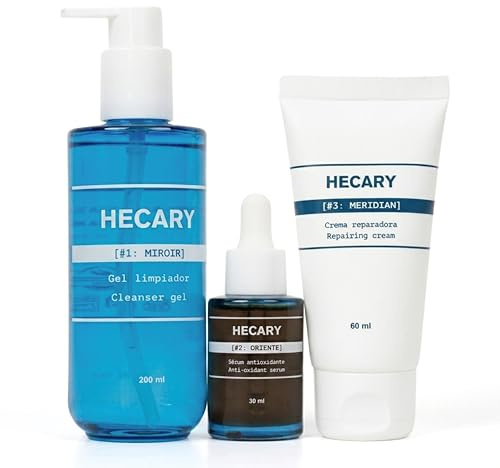 Rutina de Cuidado Facial Hombre | Gel Limpiador 200 ml + Sérum Revitalizante 30 ml + Crema Reparadora 60 ml | Kit Skincare Hombre | Limpia, Revitaliza y Repara | Todo Tipo de Pieles - Hecary