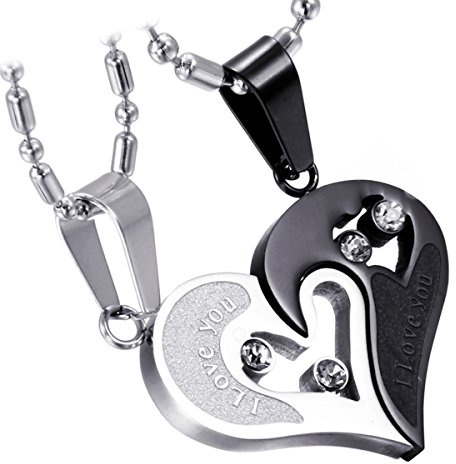 Cupimatch 2-Piece Stainless Steel Couple Necklace Rhinestone I Love You Heart Puzzle Matching Pendant for Couples with Love Chain for Valentine's Day