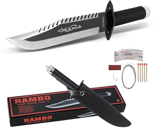 VIKING GEAR Rambo Messer John Rambo First Blood Part II Signature Edition Rambomesser mit Kompass, Haken zum Angeln mit Schnur, Pflaster, Streichholz und Messerscheide PU Leder