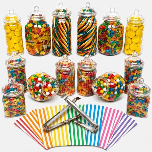 14 Plastic Sweet Jars, 7 Styles, 2 Tongs and 50 Bags. Ideal for Party, Wedding, Sweet Table, Candy Buffet (Rainbow Candy Stripe Mix)
