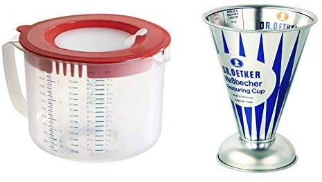 Dr. Oetker Mess- und Rühr-/Mess-/Rührbecher, 2,2 L, 1 Stück, rot/transparent & Messbecher Nostalgie, Messkanne aus Weißblech, trichterförmiger Messbecher mit vielfältiger Skalierung (11x14,5 cm)