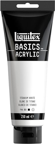 Liquitex 88700229 Basics - Peinture acrylique, peinture artistique monopigmentée, résistante à la lumière, qualité archive, finition satinée, tube de 250 ml - Blanc De Titane