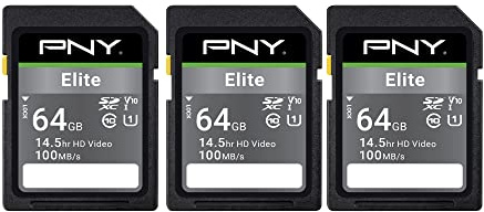 PNY Tarjeta de Memoria Flash SDXC Elite Class 10 U1 V10 SDXC de 64 GB, Paquete de 3 Unidades, 100 MB/s de Lectura, Clase 10, U1, V10, Full HD, UHS-I, SD de tamaño Completo (P-SD64GX3U1100EL-MP)