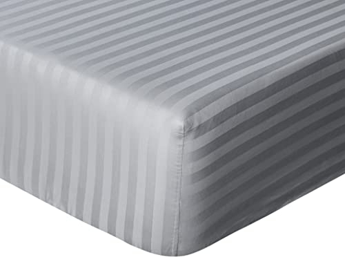 Sleepdown Hotel Quality Fitted Sheet 100% Cotton Satin Stripe Warm Cosy Breathable Super Soft Bedsheet Bed Linen Easy Care 32cm Extra Deep Pockets - Grey - Double, 5056557514045