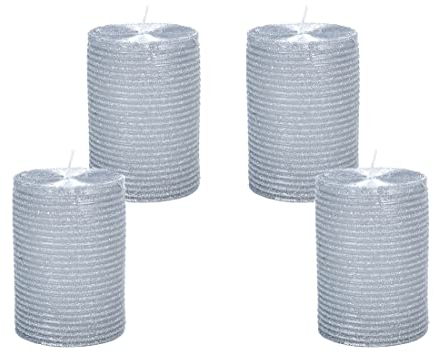 4-er Set silberne Weihnachtskerzen, Adventskranzkerzen mit kreisförmigen Ringen aus glitzerndem Wachs, Stumpenkerze Größe ca. 10,3 x 7 cm, 4x 345g (Silber)