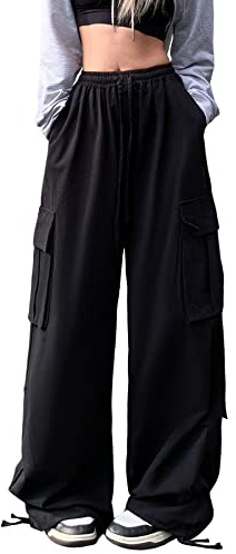 Linsennia Y2k Parachute Pants Wide Leg Cargo Trousers Women Baggy Girls Cargo Pants Loose Fit Elasticated Waist Streetwear (Black,S)
