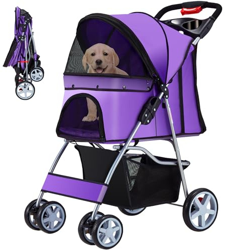 Azaeahom Foldable Pet Stroller 4 Wheels for Small Medium Dogs Cats,Purple