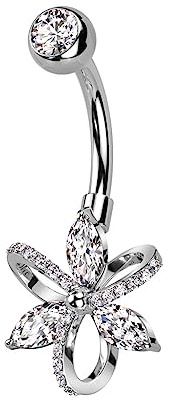 beyoutifulthings Bauch-nabelpiercing Marquise Zirkonia Blume Silber Gold Roségold Clear Nabel-Piercing Chirurgenstahl Bananabell Stab-länge 10-mm