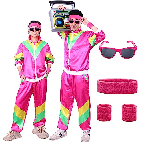 Ficlwigkis 80er 90er Jahre Outfit Damen Herren,6Pcs Rosa 80er 90er Jahre Kostüm Damen Retro 80er 90er Anzug mit Stirnband Armbänder Brille für Karneval (Rosa, S)