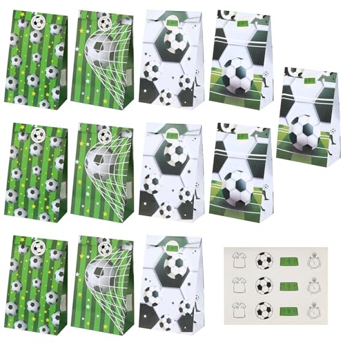 12 Stück Geschenktüten Fussball, Fussball Geschenktüten Kindergeburtstag mit Aufkleber, Papiertüten kinder Tüten Kindergeburtstag Party Taschen Deko Fussball Geschenktüte für Fußball Party