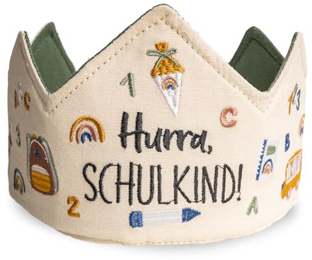 Papierdrachen Schulkind Krone - zweifarbig | Hochwertig bestickt, Pastelltöne, Hurra, Schulkind!, Anpassbare Schnürung