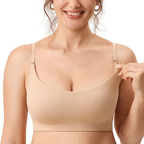 MOMANDA Donna Reggiseno Allattamento Ribbed Senza Cuciture Imbottito Reggiseno Sportivo Bralette per La maternità Beige 2 L