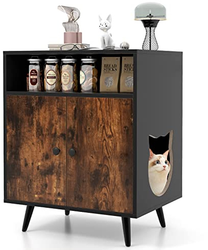 GOPLUS 2 in 1 Katzenschrank mit katzenförmigem Eingang, Katzenklo mit offenem Fach, modernes Gehäuse für die Katzentoilette mit Kippsicherungen für den Innenbereich, Schwarz + Braun