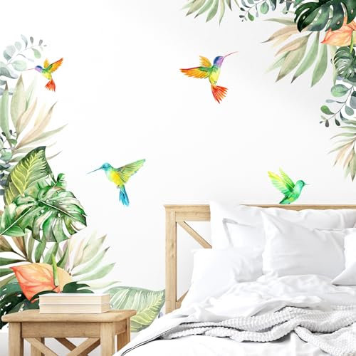 Supzone Stickers Muraux Plantes Tropicales & Colibris - Autocollant Mural Nature Exotique - Déco Murale pour Chambre Enfant/Salle de Jeux/Salle de Bain/Salon/Bureau/Crèche - Décoration Féerique