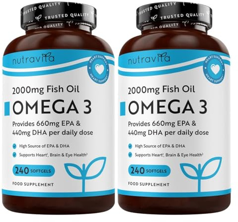 Nutravita High Strength 2000mg Omega 3 Capsules - 2 x 240 Softgels | with 660mg EPA & 440mg DHA, Omega 3 Fish Oil Capsules for 8 Months of Supply, Fish Oil Omega 3 Supplements - Made in the UK