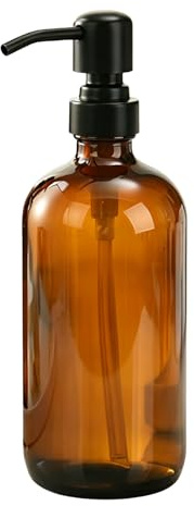 16 oz Amber Glass Soap Dispenser with Black Stainless Steel Pump Refillable Hand Soap Dispenser Boston Round Bottles Dish Soap Dispenser for Essential Oil Lotion Body Cream Shampoo