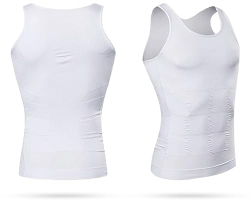 Trimming Shop Men’s White Colour Slimming Vest Compression Shirt – Tummy Control Body Shaper Vest for Abdomen, Belly & Waist – Sleeveless Fat Burner, Seamless Shapewear for Gym Workouts - L