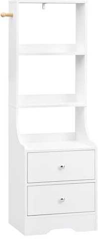 WOLTU Nachttisch Bücherregal mit 2 Schubladen, 3 offenen Ablagen, Haken, Nachtschrank hoch, platzsparend, Nachtkommode Holz modern, für Schlafzimmer Arbeitszimmer, Weiß, NTS18ws