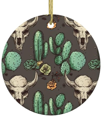 Décoration de Noël ronde en céramique à suspendre en forme de crâne de taureau et cactus mignon pour sapin de Noël avec corde dorée Pendentifs en porcelaine pour décoration de fête de Noël
