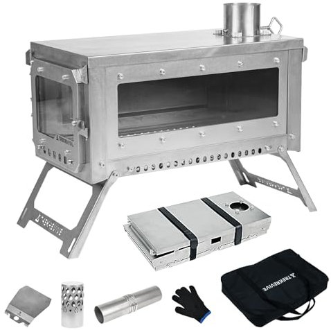 TrekRevive RIDGE 2 Titanium Folding Tent Stove, Secondary Combustion, Guiding Fire Board, Inverted Damper, Portable Lightweight Tent Wood Burning Stove for Winter Camping, Cooking, Heating