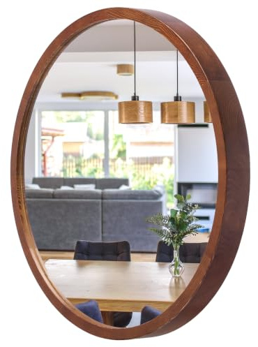 STOLARNIA PIKA LEJA – Miroir Mural Rond, Cadre en Bois (∅47 cm), Noyer, 50 cm élégant – pour Salle de Bain, entrée, Salon, Chambre