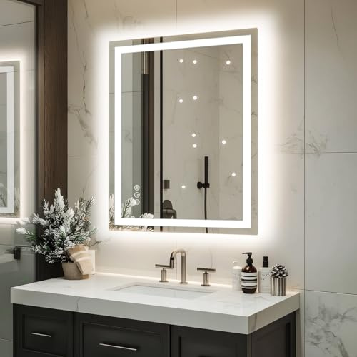 miskerm 32x 24 LED Bathroom Mirror with Lights, Dimmable, Double Lights, Backlit + Front Lit, 3 Colors Led Mirror for Bathroom, Lighted Bathroom Vanity Mirror, Tempered Glass(Horizontal/Vertical)
