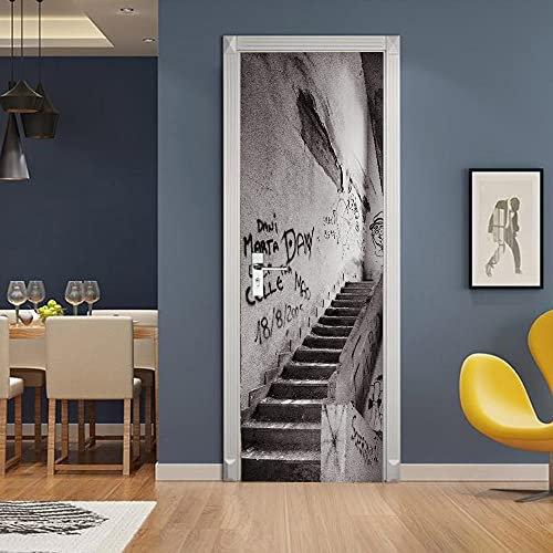 Türtapete Selbstklebend Schwarze und weiße Treppe 3d Türaufkleber Wandbilder Türposter Fototapete PVC DIY Türbild Vinyl Wasserdichte Entfernbar Mauer Aufkleber Zuhause Dekor B77 x H200cm