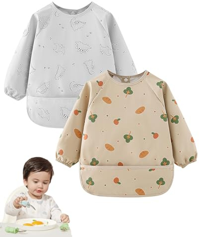 Zonoori Baby Lätzchen mit Ärmel, 2 Pcs PU Wasserdicht Ärmellätzchen, Babylätzchen mit Langen Ärmeln für 6-24 Monate