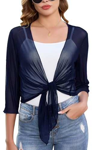 Sopesil Bolero Damen Kurz Shrug Top 3/4 Ärmel Kurzarm Festlich Strickjacke Cardigan Short Open Front Elegant Casual Bolerojacke Leicht, Marineblau, S