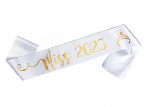 OMISS - Schärpe MISS 2025 für festliches Ereignis - Weiße Schärpe mit goldener Schrift (Miss 2025)