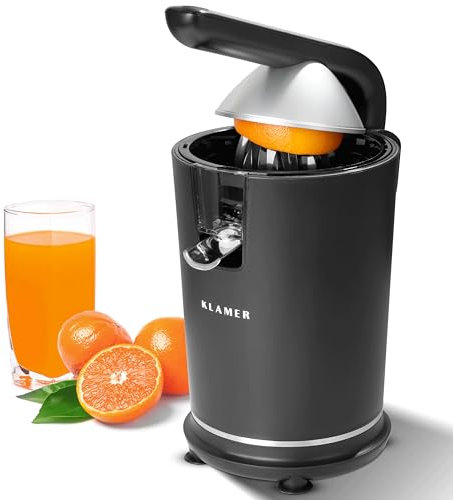 KLAMER Saftpresse elektrisch mit zwei Presskegeln – Zitruspresse für Orangen, Zitronen, Limetten & Grapefruit, Hohe Saftausbeute, Entsafter, BPA frei, Spülmaschinengeeignet