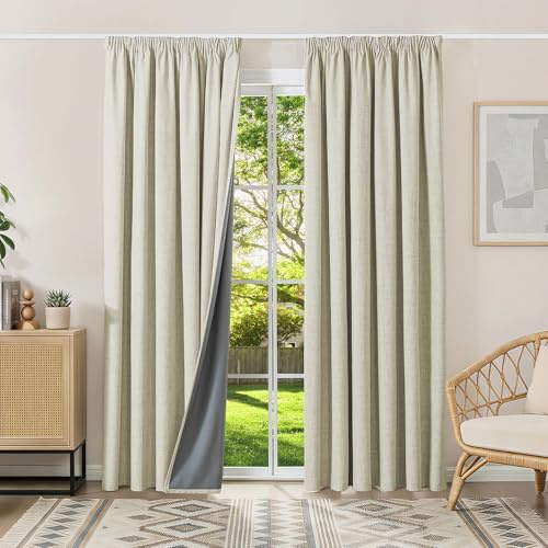 Runyéla 100% Verdunklungsvorhänge Thermovorhänge Kälteschutz Gardinen mit Kräuselband 245 x 200 cm (HxB) 2er Set Leinenoptik Vorhänge Blickdicht Hellbeige, Schiebegardinen Wohnzimmer Curtain