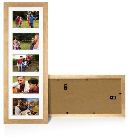 Procut Global 26x8 Sleek Oak Photo Frame For Multiple Pictures | White Mount with 5 Apertures to Fit 6x4 Photos, Multi Aperture Collage Frame for Friends & Family Photos - Wall Hanging