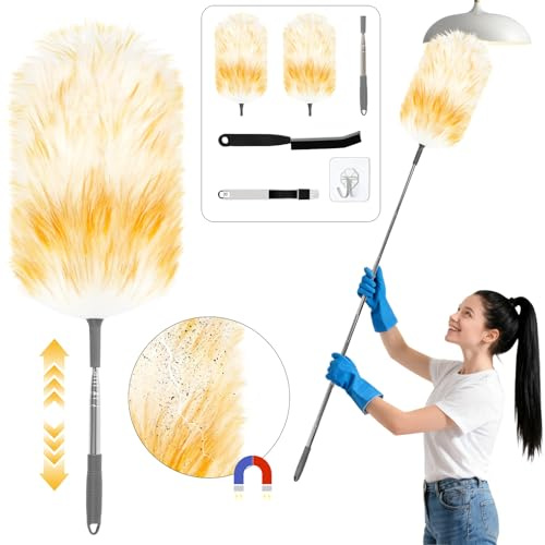 PAPAcroscoma Plumeau long extensible: plumeau en laine d'agneau amovible, télescopique, lavable, électrostatique, ne rayant pas, pour plafonds et surfaces délicates