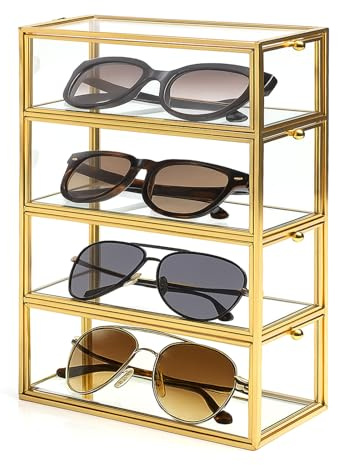 GreenWhim Vintage Sunglass Storage Box with Pull Out Drawers – Retro Glass & Metal Clear Eyewear Organiser for Glasses, Watches & Jewellery Holder, Decorative Organizer Display Case 26×18×6.8cm