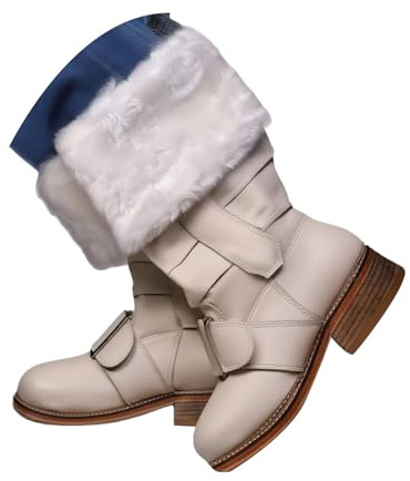 UK 6 Christmas Santa Claus Boots Men's Wide Calf Santa Combat Boots with White Plush Cuffs Xmas Mid-Calf Boot Foot Bells Buckle Strap for Christmas UK Ladies Footwear #02_Beige