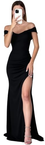 AOWVUTS Robe de Soirée Longue Femme Sexy Maxi Robes Épaules Dénudées Robes Chic et Elegant Fendue Bodycon Robe de Bal sans Manches Moulante pour Cocktail Party Clubbing Nuit Mariage