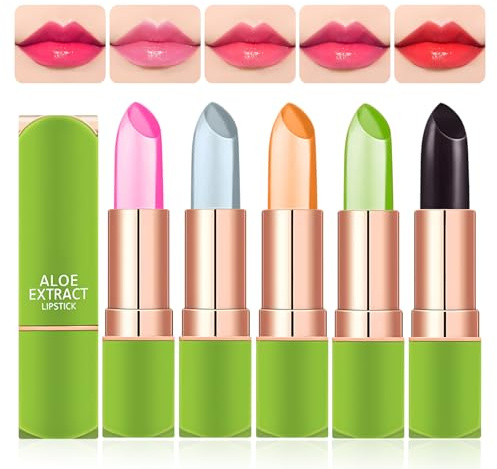 Aloe Vera Lippenstift 5 Stück Magischer Temperatur Farbwechsel Magic Lipstick Aloe Vera Lippenpflegestift Lippenpflege Langlebige Lippenbalsam Verhindert Austrocknen Waterproof Long-Lasting
