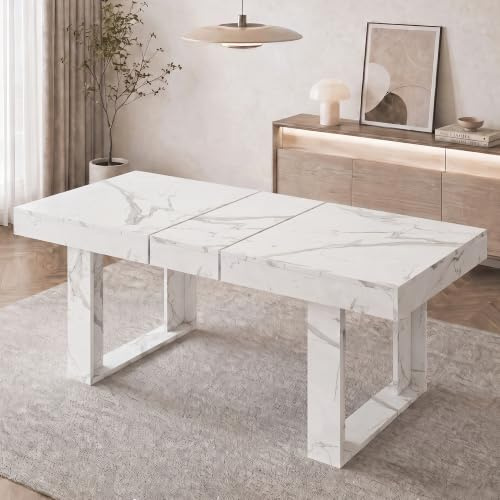 GRAVFORCE Extendable Dining Table 4-6 Seater Kitchen Dinner Table 120-160cm Wooden Expandable Dining Tables for Restaurant Home Living Room Marble White