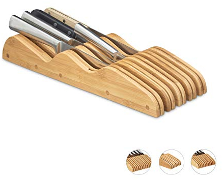 Relaxdays Messerblock Schublade, ohne Messer, liegend, Bambus, für 9 Messer, HBT: 5x12x40 cm, Schubladeneinsatz, natur