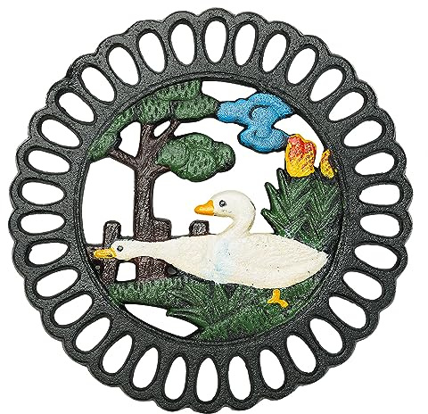 Sungmor Heavy Duty Cast Iron Trivet,Decorative Painting Trivet for Kitchen or Dinning Table,7.5x7.5 Inch - Round with Vintage Lovely Duck Pattern