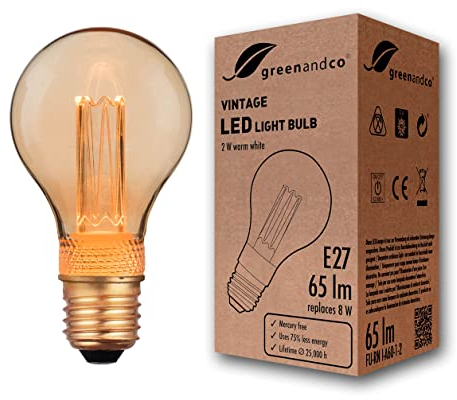 greenandco Bombilla LED Decorativa Edison Estilo Vintage | E27 A60 | Dorado | 2W 65lm | 1800K Blanco Extra Cálido | 320° | 230V | Sin Parpadeos | No Regulable