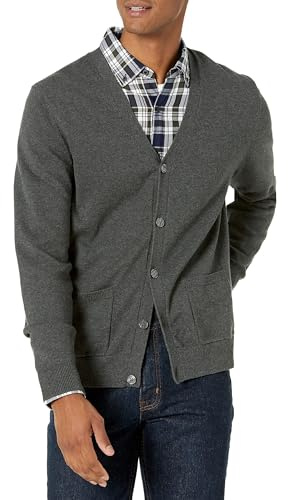 Amazon Essentials Men's Cotton Cardigan Sweater, Charcoal Heather, Medium