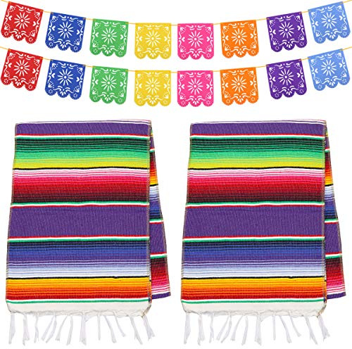 Dreamtop 2 Pezzi Runner Messicani da Tavolo 35,5 x 213 cm Messicano Serape Tavolo Runner Messicano striscia runner da tavola 16 Striscioni Picado con 8 Colori per Feste, Matrimoni