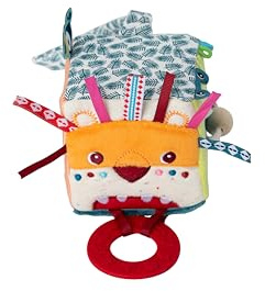 Lilliputiens - Cube d'éveil multi-activités Jack le Lion - Jouet interactif en tissu avec miroir, anneau de dentition et sons - Stimule la motricité et la vue - 8cm - Pour bébés dès 3 mois - 83123