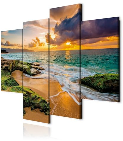decomonkey Bilder Set Strand Meer 126x98 cm 4 Teilig Leinwandbilder Natur | Strukturleinwand, Holzkeilrahmen, Bild auf Leinwand, Wandbild, Kunstdruck, Wanddeko, Wohnzimmer, Wanddekoration, Landschaft