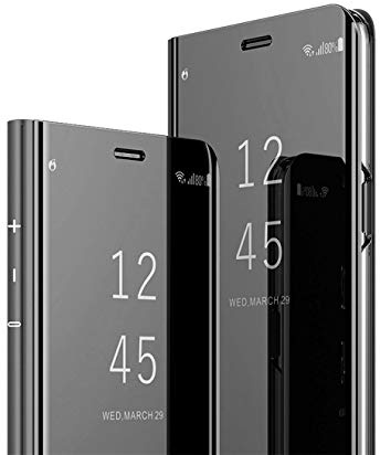 MRSTER iPhone SE 2020 Hülle Clear View Standing Cover, Spiegel Handyhülle Schutzhülle Flip Case Schutz Tasche mit Standfunktion 360 Grad hülle für das Apple iPhone SE (2020). Flip Mirror: Black