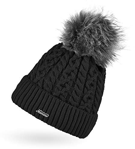 Neverless® Damen Strick-Mütze gefüttert Fell-Bommel Kunstfell Bommelmütze Zopfstrickmuster Umschlag schwarz