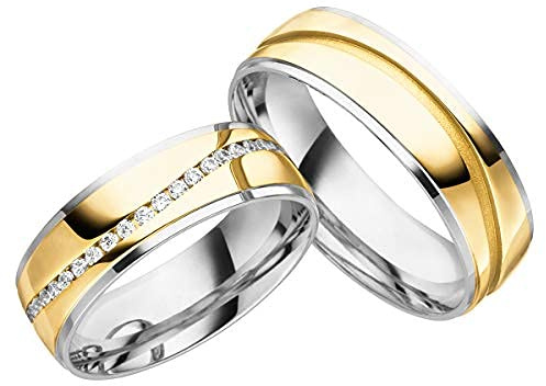 JC Trauringe Silber 925 Paarpreis Eheringe Gelbgold Weißgold Plattiert breit 6,50 mm I Partnerringe mit Gravur in edler Schatulle I 2 Hochzeitsringe Herrenring & Damenring mit Steinen I LC129-P-1