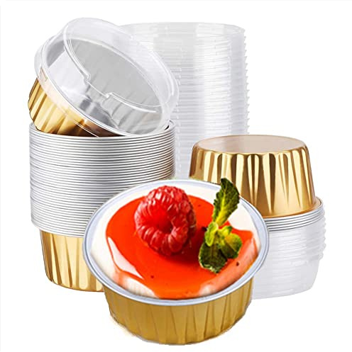 Vasos para Hornear Magdalenas Con Tapas - 50 Unidades de 5 Onzas (125 ml) - Desechables de Papel de Aluminio - Soportes para Cupcakes Creme Brulee (Dorado)